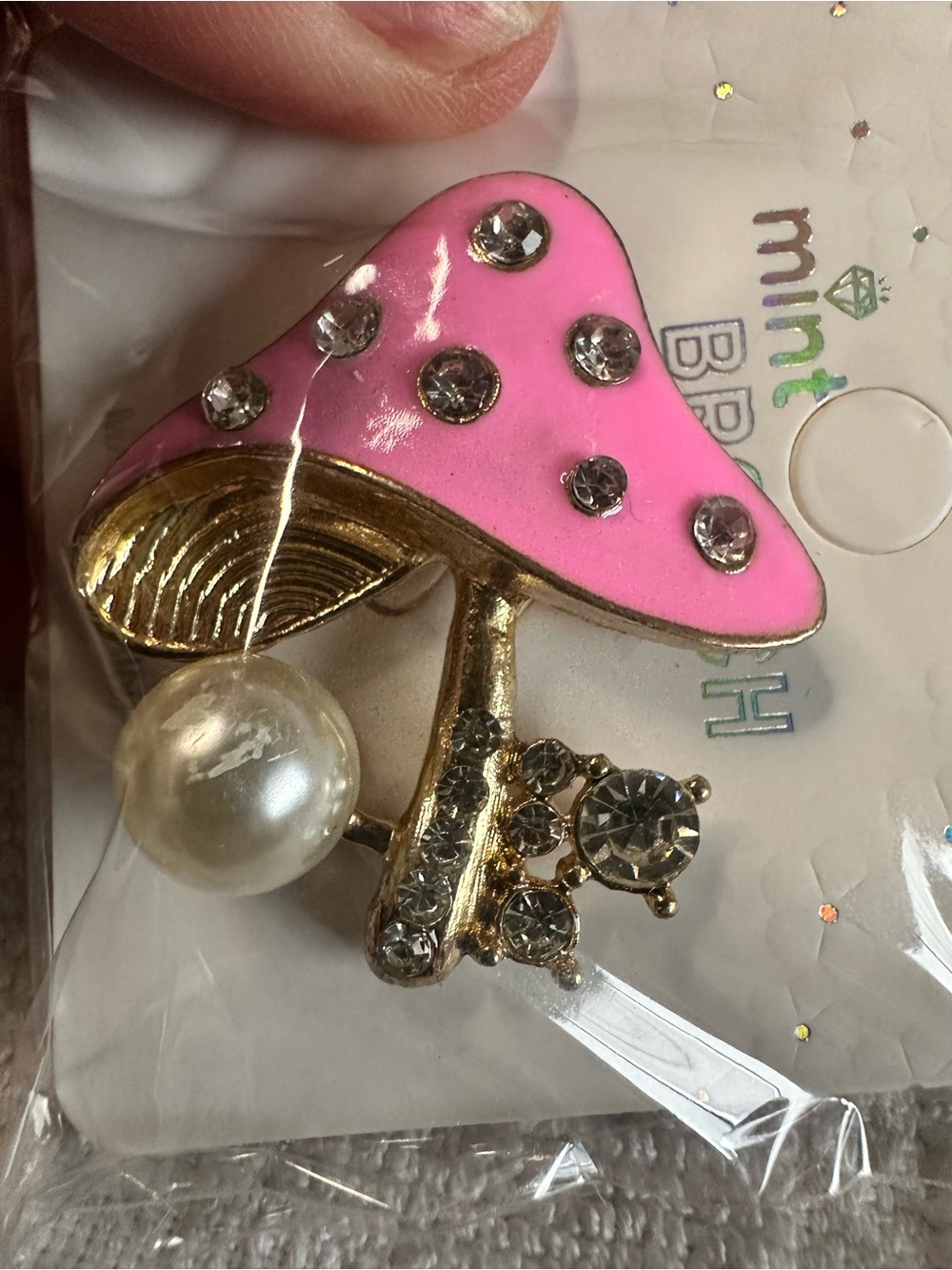 Unk Pink Enamel Mushroom Brooch with Faux Pearl & Rhinestones